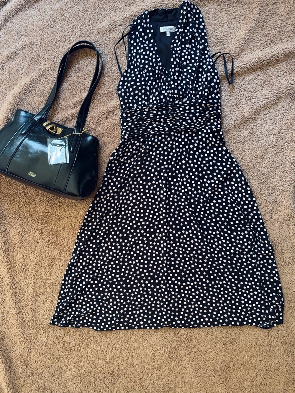 Jones Studio Black & White Polka Dot Halter Midi Dress